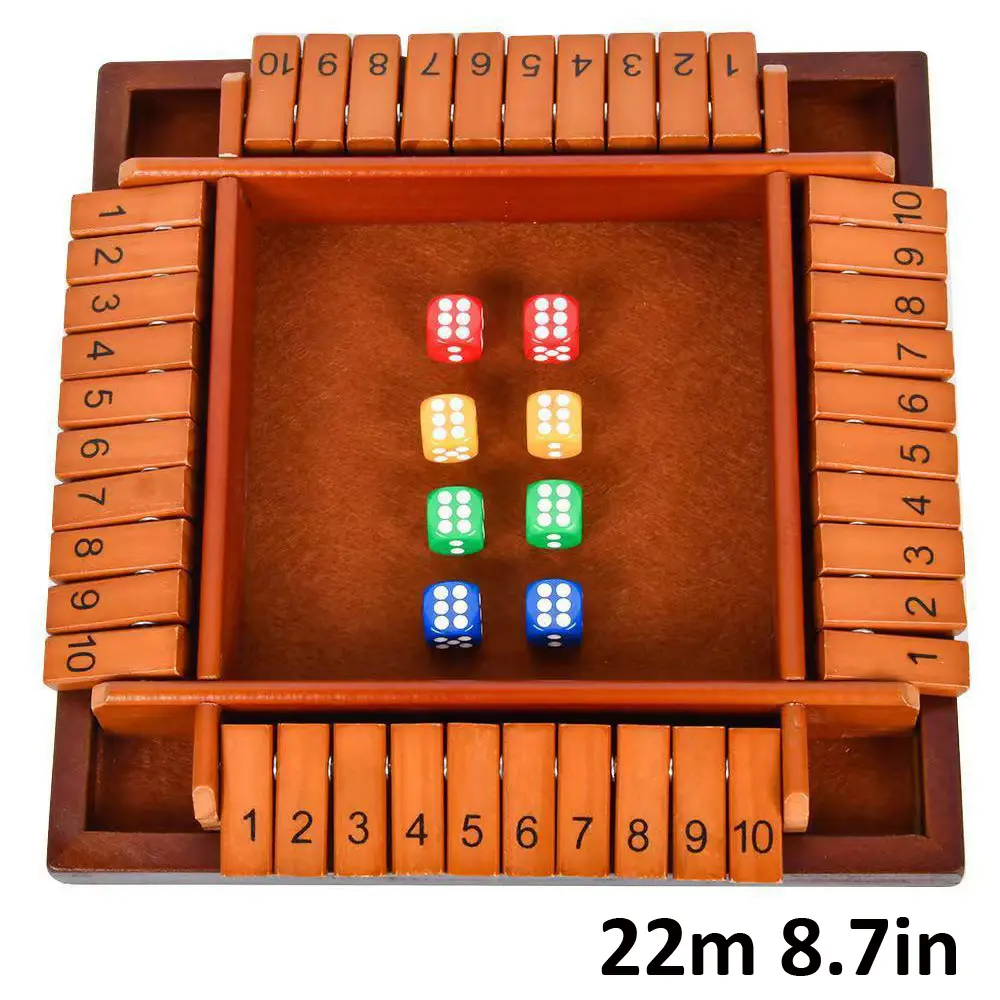 Hatwoo Shut The Box Dice Game for 2-6 Player, Four-sided Wooden Board Flip Game with 10 Numbers, Classic Brown Table Classic Games for Home, Party Birthday Leisure Time