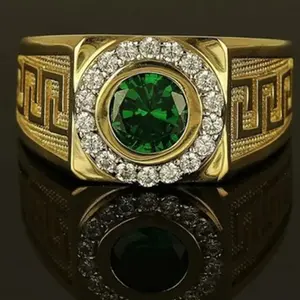 Fashion Mens Classic Gold Color Ring Luxurly Inlaid with Green Stone Rings for Men Party Wedding Anniversary Gift