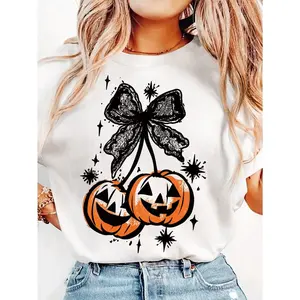 Halloween Nightmare Before Christmas Casual Pumpkin & Bow Lace Print Round Neck Short Sleeve T-Shirt For Women