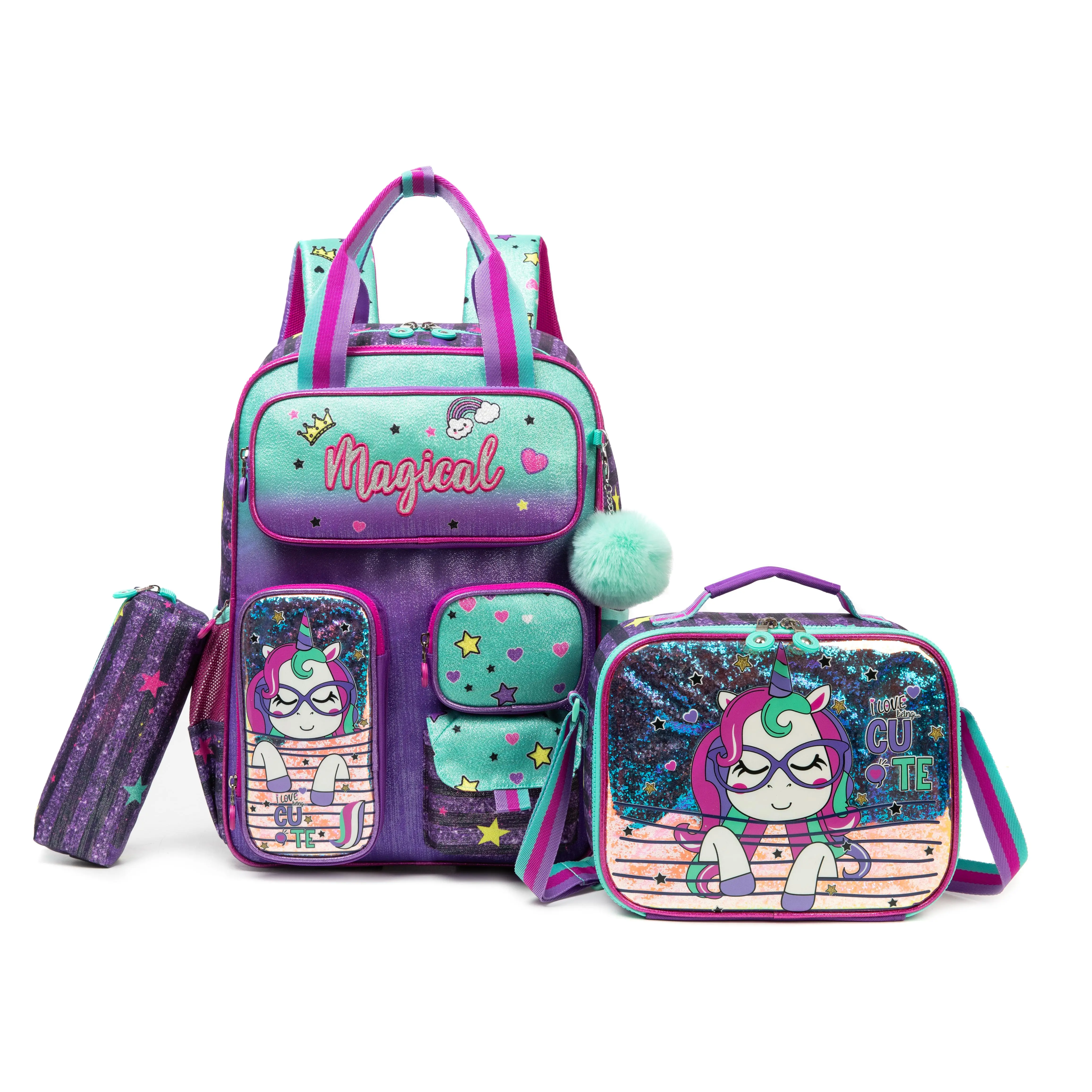 Girls' 3-Piece Cute Backpack Set with Lunch Box & Pencil Case, Fantasy in Glitter Unicorn School Bag, Waterproof for Back to School Haul, Chic, Zip, Graphic, Hand Wash Only, Cartoon, Unisex, School Supplies