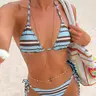 Vintage and Blue Striped Fitted Bikini Set, Thin Strap, Holiday Style, All Seasons, Beach Vacation Wear, Striped Bikini Sets