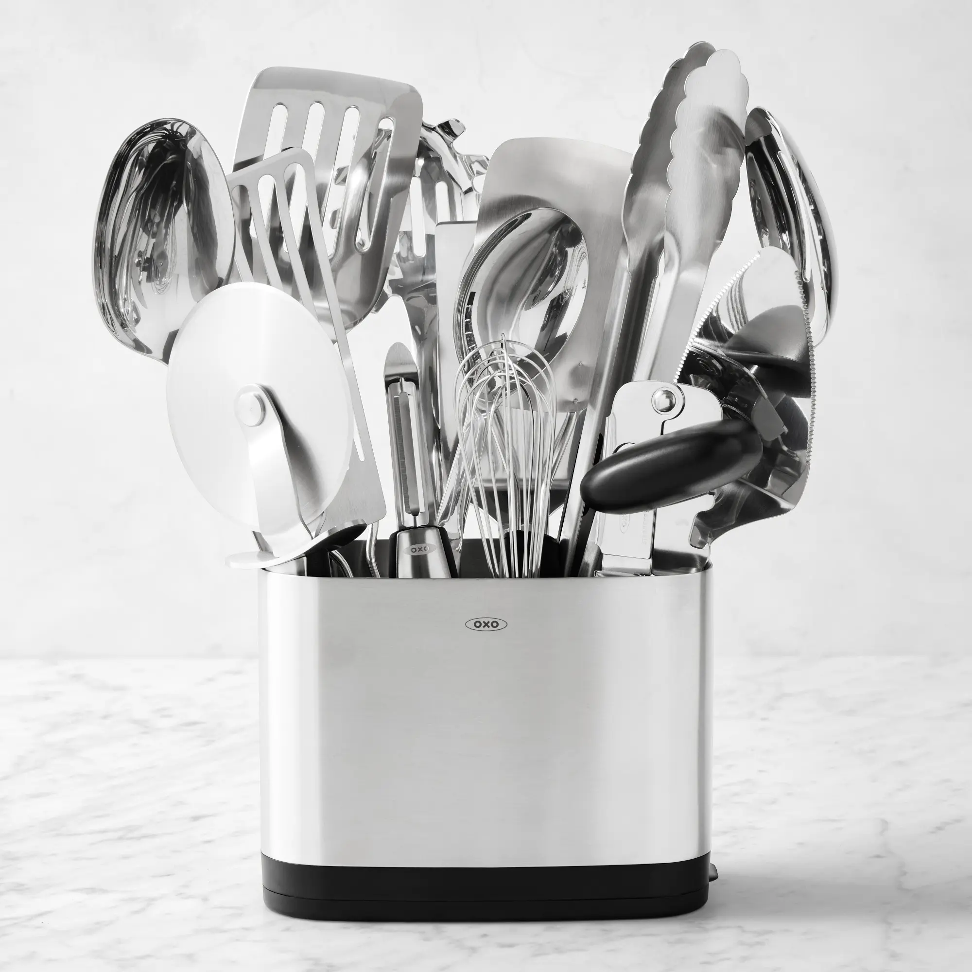 OXO Good Grips Stainless Steel Utensil Holder with 10-Piece Set, including Spatula, Tongs, Whisk, and more, for Kitchen Organization