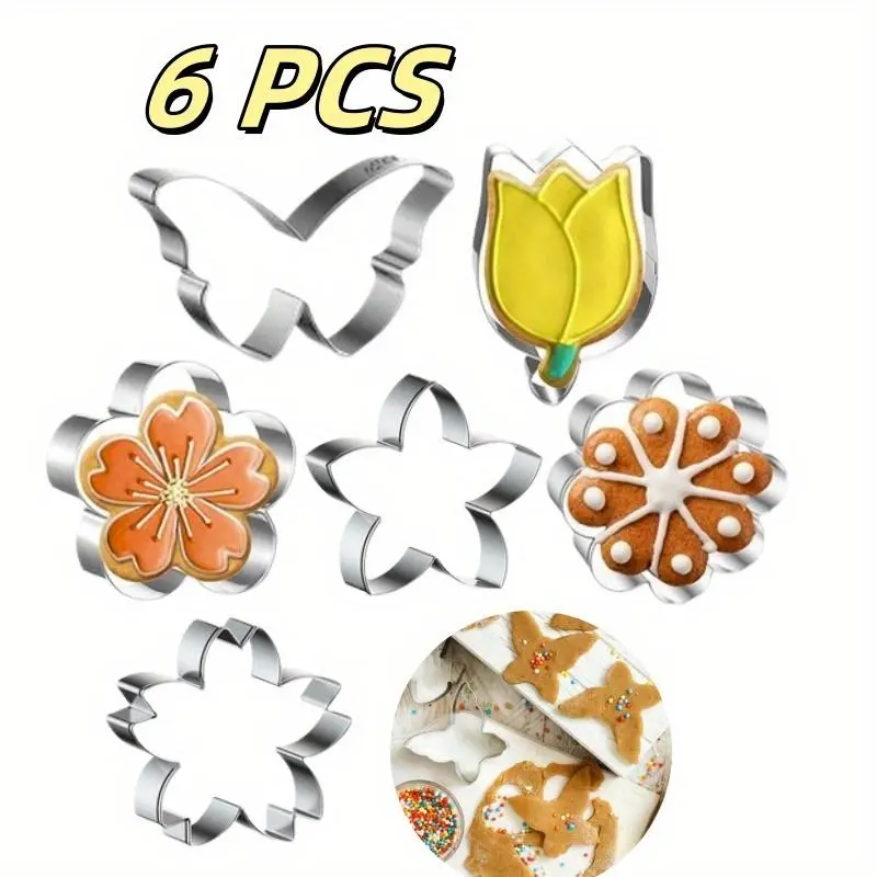 Stainless Steel Flower-Shaped Bakeware Mold Set - 6-Piece 3in Smooth Cookie Cutters (Butterfly, Tulips, Daisy), Rustproof Durable Multi-Size Bakeware for Spring Baking, Halloween