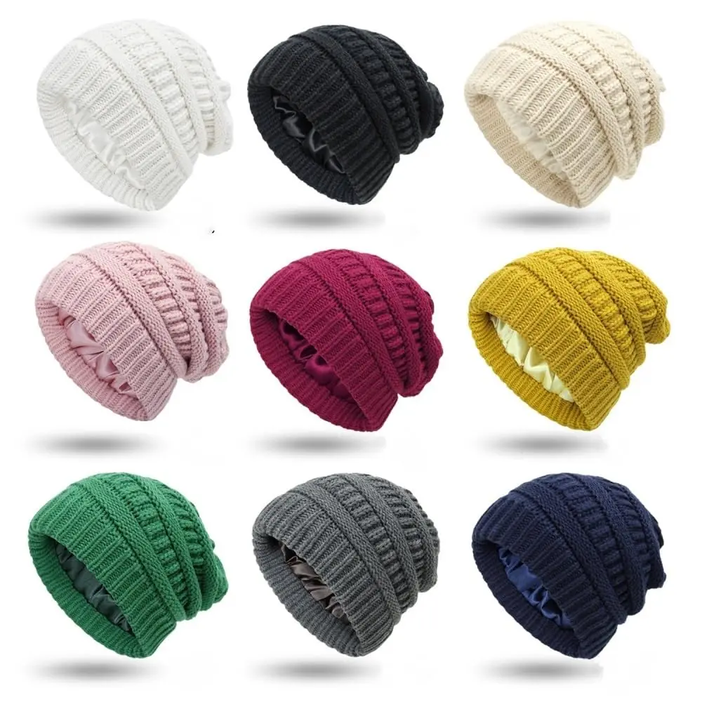 Women's Satin Lined Winter Beanie Hats - Chunky Cable Knit Cap for Men & Women - Soft, Thick, Slouchy Warm Hat for Cold Weather