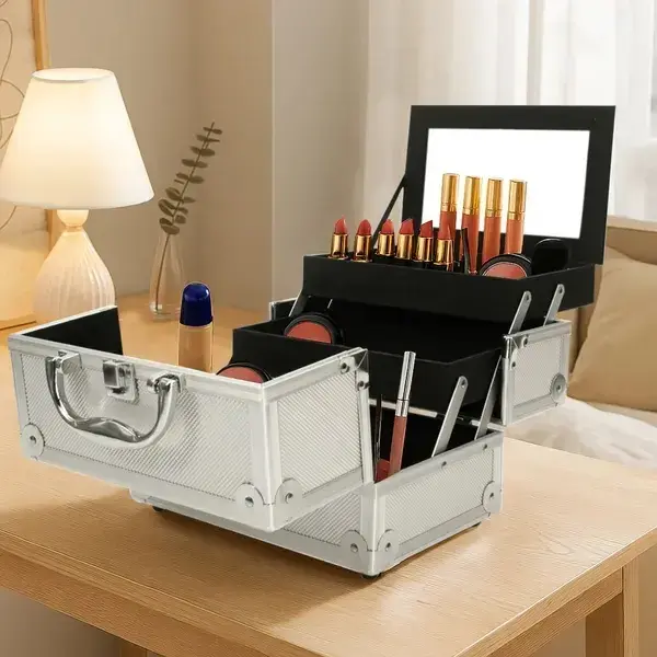 Silver Aluminum Makeup Train Case with Mirror, Portable Cosmetic Organizer and Jewelry Storage Box, 9 x 6 x 6 in