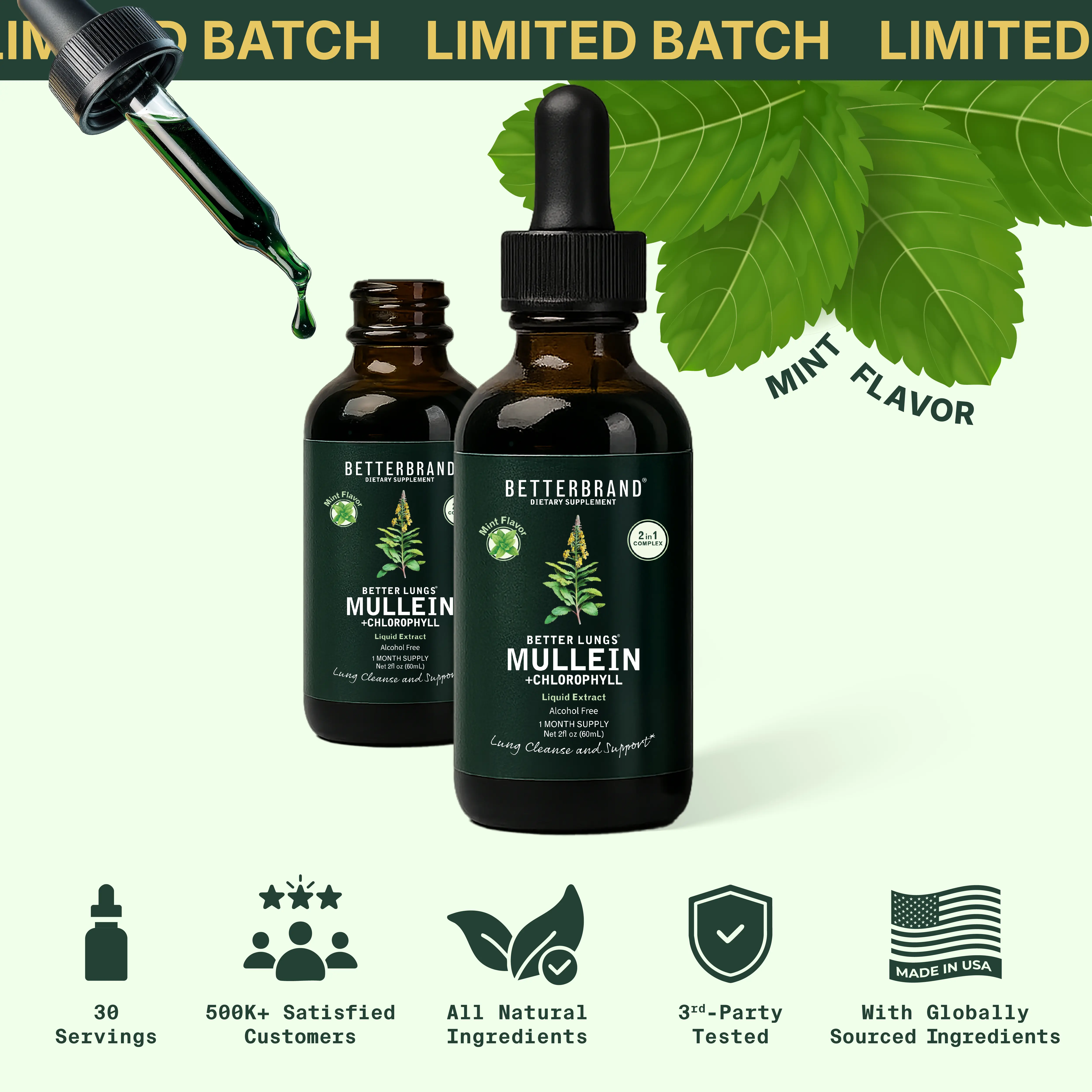 Betterbrand Mullein Leaf & Chlorophyll Drops for Lung Detox & Mucus Cleanse - Mint Flavor - 30 Servings - Clinically Studied Natural Liquid Herbal Supplement for Respiratory Wellness