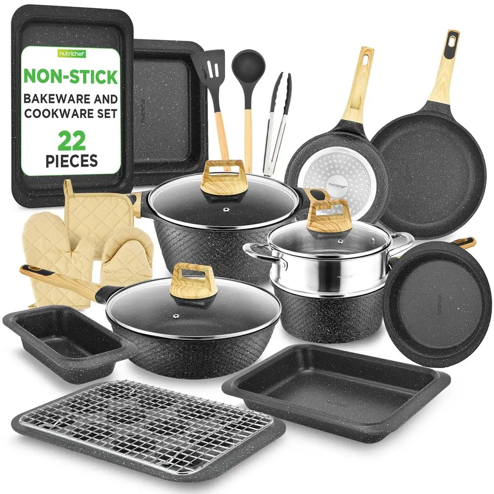 22-Piece Heat-Resistant Marble-Coat Ease Aluminum Metal Cookware Set - Multi-Size Square/Round Pots, Frying Pan, Cooker, Steamer, Bakeware, Ladle, Utensils, Glass Lids, Rack, Gloves - Gas, Electric, Ceramic, Induction Safe Home Kitchen Accessory