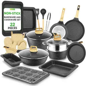 22-Piece Non-Stick Cookware Set with Marble Coating - Black | Even Heat Frying Pan, Cooker & Pots with Lids, Streamer, Gloves, Utensils & Bakeware Set - Gas, Electric, Ceramic & Induction Safe Counter Cooktops - Home Kitchenware & Cooking Accessory