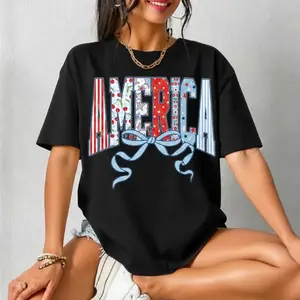 Women's America Bow Graphic Cotton T-Shirt, Patriotic4th of July Red White Blue Summer Casual Top,Comfortable Fit Womenswear - t shirts for women, LoveJeans