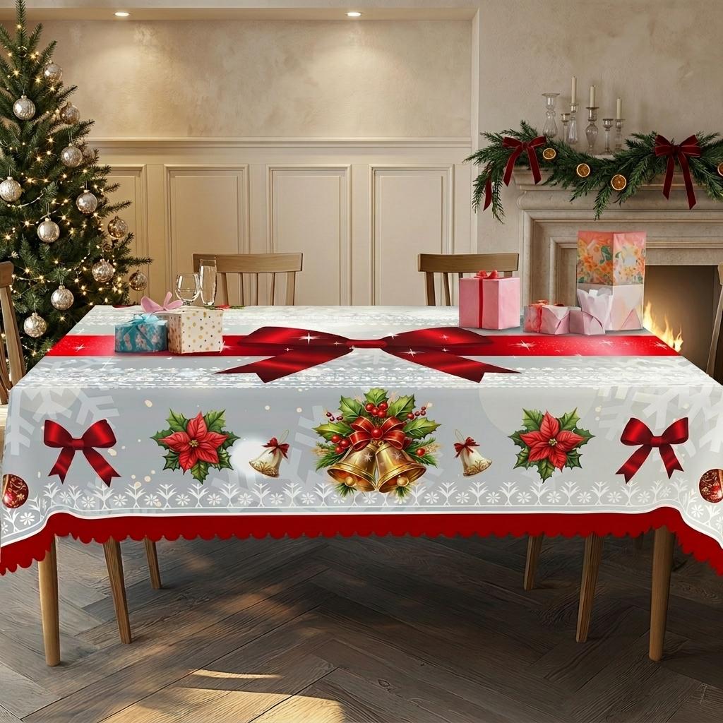 Vintage Christmas Tablecloth, Festive Red Bow Wreath Bell Poinsettia Printed Table Cover, Snowflake Lace Border, Rectangular Round Table Cloth for Holiday Party Home Kitchen Decoration, Xmas Gift