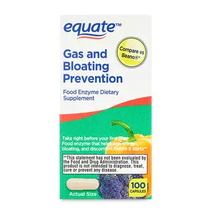 Equate Gas Relief and Prevention Food Enzyme Dietary Supplement 100 Count Unflavored Capsules - Suitable for Adults