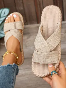 Women's Summer New Vacation Style Linen Cross Slippers, Comfortable and Breathable, Perfect for Casual Wear, Stylish and Lightweight