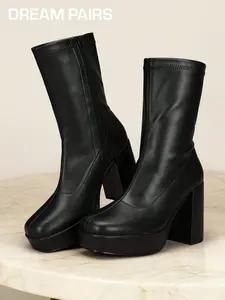 Women’s White Chunky Platform Go-Go Boots | Square Toe Mid-Calf Boots | Waterproof Retro Party Dress Boots