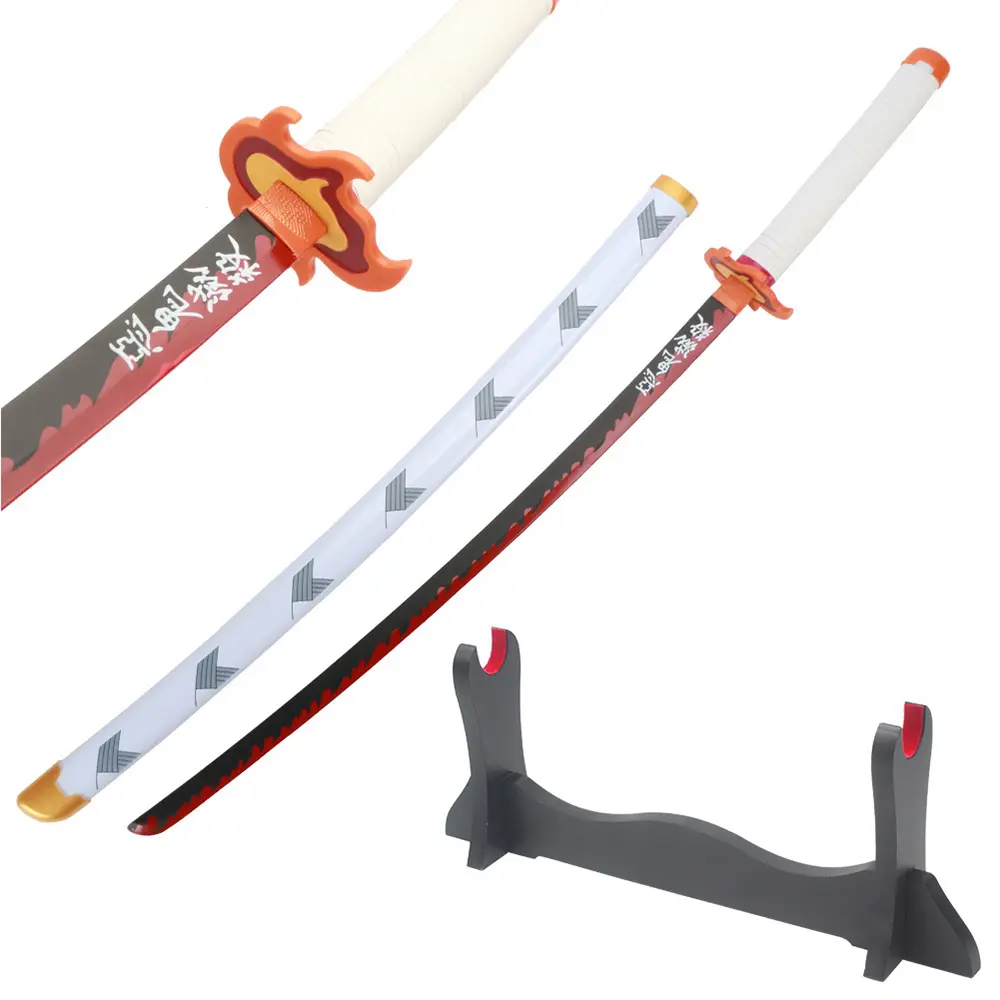 Rengoku Kyoujurou Katana Replica, 41-Inch Large Size Dull Steel Blade with Plastic Scabbard for Halloween Cosplay and Decoration, Includes Wooden Stand, 41 Inches