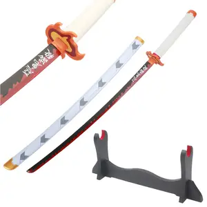 41 inches Not Sharp Real Demon Slayer Cosplay Sword Rengoku Kyoujurou Samurai Katana with Wooden Holder Stand Display for Anime Fans Halloween Role Playing Props Cosplay Collection Christmas Gift Birthday