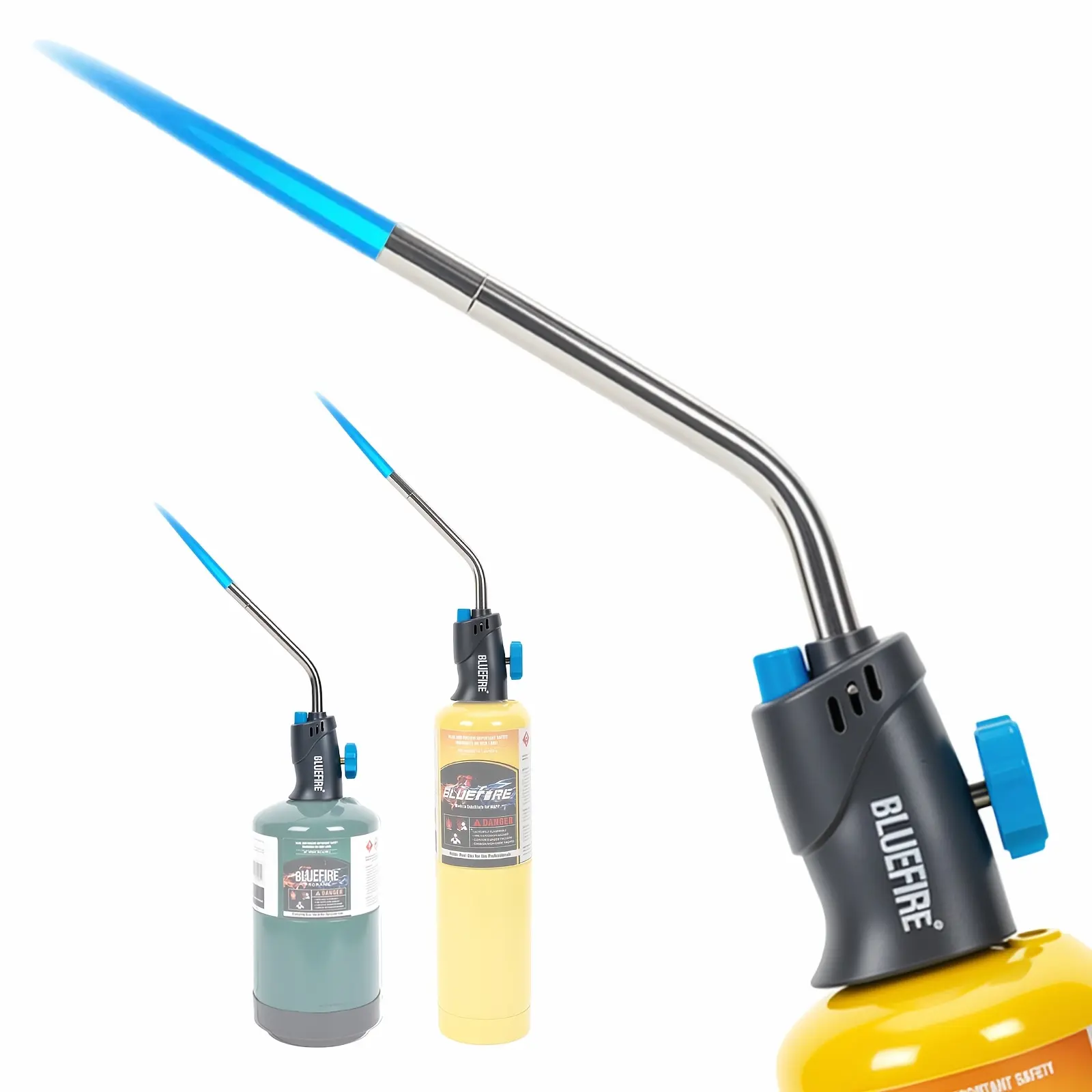 BLUEFIRE MRS-7014B Piezo Trigger Start Welding Torch Head for Propane & MAP PRO, 1.5" Extended Burning Tube Nozzle, Push Button Self Ignition, Handhold Torch for Soldering Brazing, Triple-Jet Flame