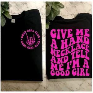 good girl shirt give me a hand necklace humor cute retro short Sleeve black and pink T-Shirt graphic tee women