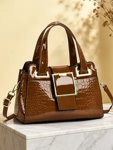 Women's Solid Color Patent Leather Handbag, Handheld Bag, Elegant Fashion Design for Casual Use, Adjustable Shoulder Strap, Ideal Gift Choice
