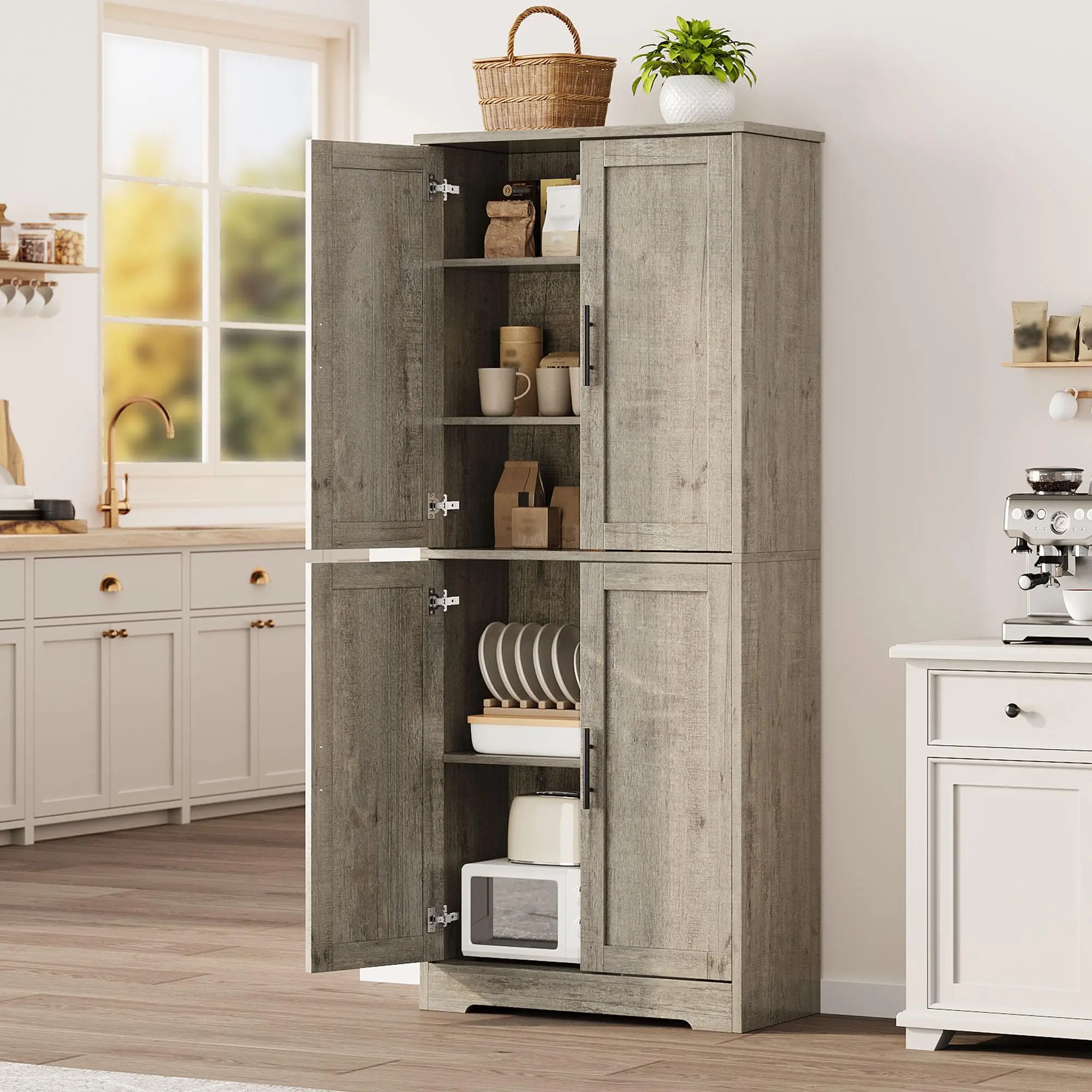 Garvee Floor Mount Kitchen Cabinet - 70 cm High Standing Storage Unit, 4-Door Kitchen Organizing Cupboard with Adjustable Shelves, Food Pantry Cabinet for Home Office, Furniture Storage