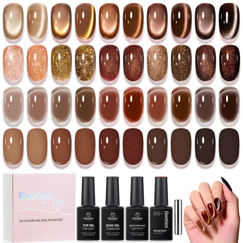Beetles 7.5ML Long Wearing UV Gel Nail Polish Set - 20 Shades (Monochrome, Jelly Shimmer, Cat Eye), LED-Cured Magnetic Nail Care Kit with Base, Glossy & Matte Top Coats, Soak-Off Supplies (Brown, Chestnut Mousse, Coffee)