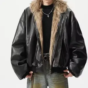 Men's Faux Fur Lined Leather Bomber Jacket with Hooded Design for Casual Wear