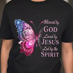 Ladies "Blessed by God, Loved by Jesus, Guided by the Holy Spirit" Radiant Effect Butterfly Graphic Tee, Soft Fabric Casual Short Sleeve Crewneck Top with Vibrant Insect and Letter Design, Perfect for Everyday Leisure, Home Relaxation