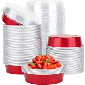 Disposable Mini Pie Tins with Lids, 100 Pack 4" 8oz Bright Red Aluminum Baking Foil Tins Small Round Tart Container for Individual Dessert Cupcake Muffin Cheesecake Ramekin Quiche Oven Dishes