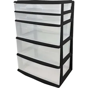 Drawer Tower, 5-Tier Extra-Wide Clear Plastic Storage Organizer Cart, Black Frame - Stackable Container Boxes for Bedroom, Bathroom, Garage, and Office Organization