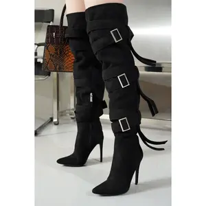 Katey Buckle Suede Wrap Over-the-Knee Boots - Black