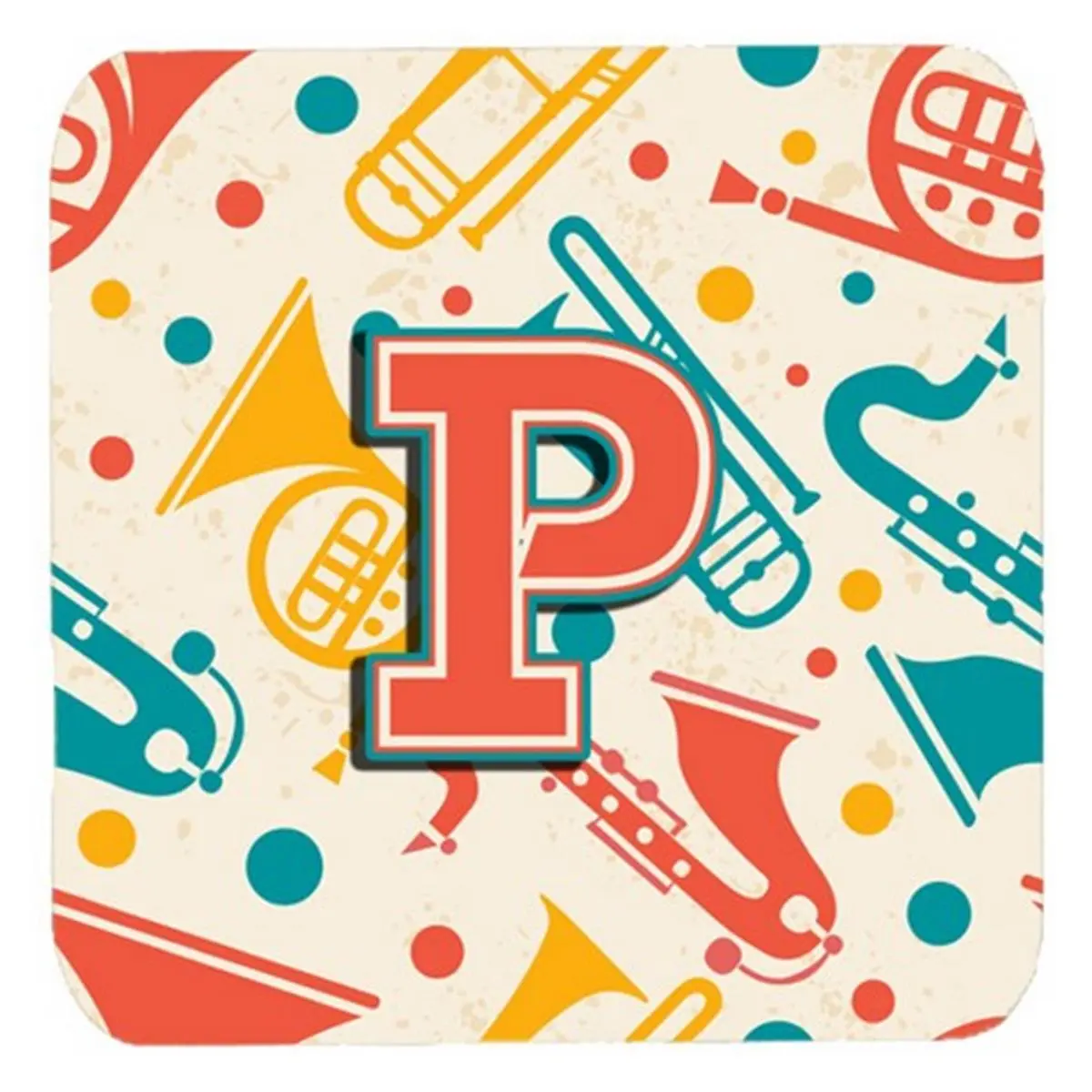 212 MAIN Initial Letter P Foam Coasters (Set of 4) - Retro Teal-Orange Musical Instruments Design, Durable Fade-Proof Dye, Heat-Safe Foam Tableware for Kitchen Table Protection