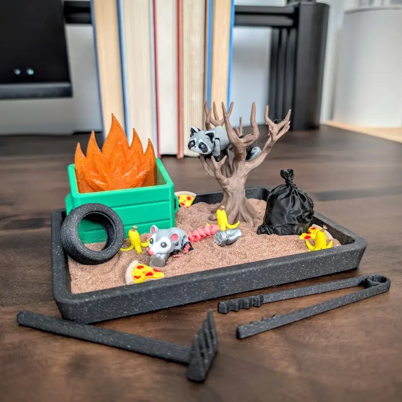 Dumpster Fire Zen Garden | Raccoon Desk Toy | Opossum Sand Garden
