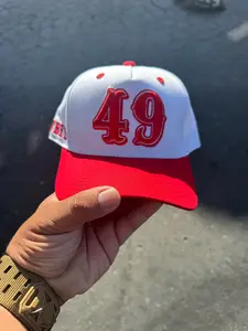 49er Vibes Red and White Cap with Number 49 on it