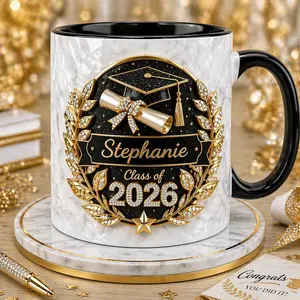 Personalized Graduation Mug 2D Printed 3D Effect, Custom Name Coffee Cup with Luxury Gold Black Class of 2026 Design for Graduates and Students, Perfect for Graduation Ceremony, Congrats Celebration, Meaningful Keepsake Gift