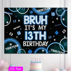 2D Flat Banner Polyester Photography Backdrop, HD Digitally Printed Soft Lightweight Foldable Background Cloth, Black and Blue Glowing "Bruh It's My 13th Birthday" Theme, for Teenager 13th Birthday Party Decorations, Photo Booth,
