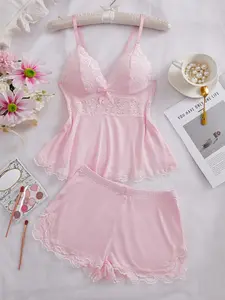 Women's Solid Color Lace Trim Cami Top & Shorts Pyjama Two-piece Set, Casual Comfy Camisole & Shorts Lingerie Set, Women's Sleepwear for All Seasons