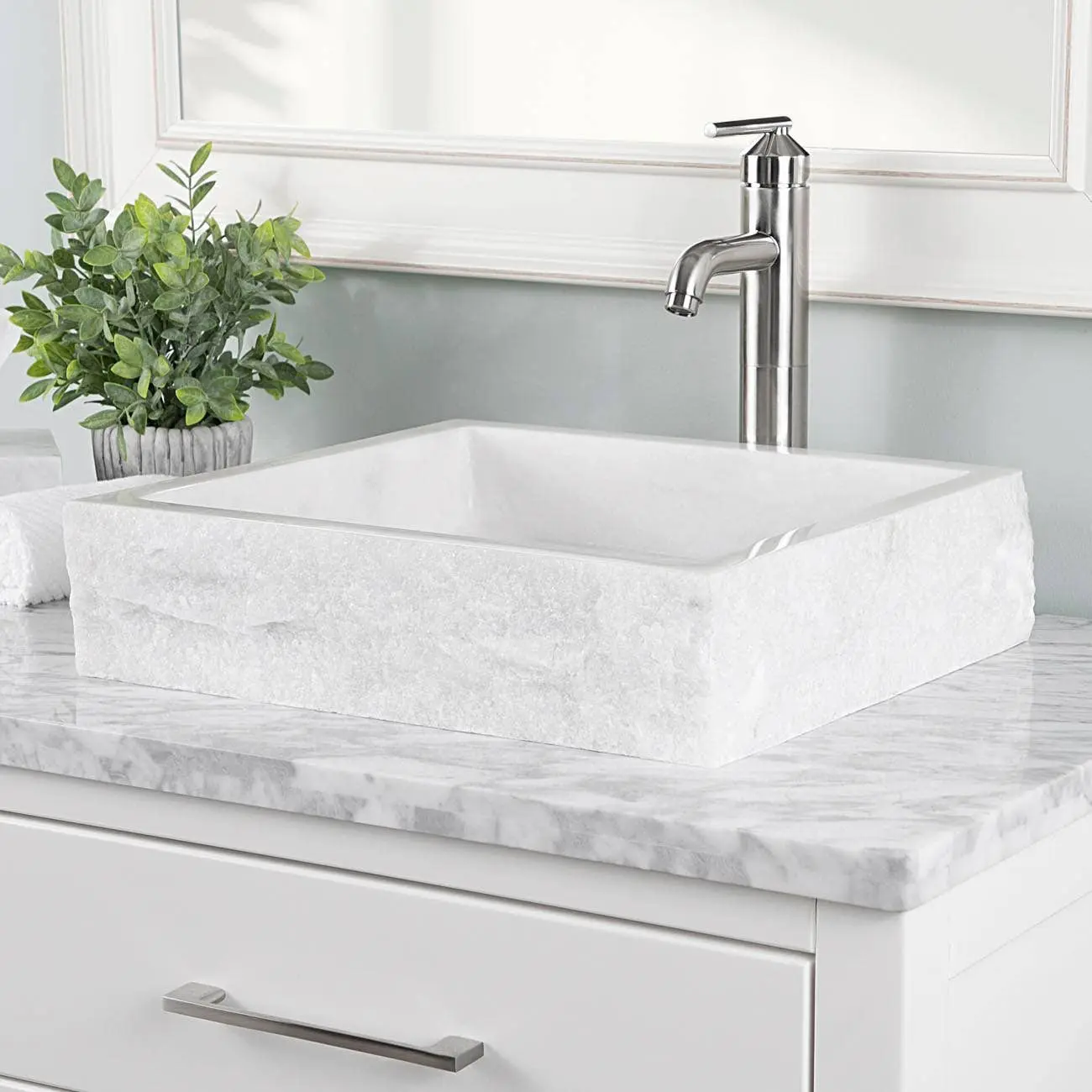 Asher Natural Marble Stone Rectangular Vessel Sink - Chiseled Exterior Bathroom Fixture with Shading, Compatible with Standard Faucets for Master Bathroom