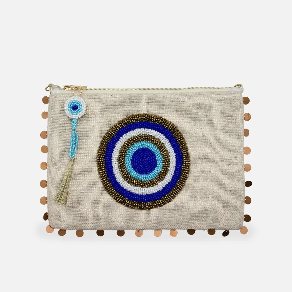 Evil Eye Tassel Beaded Zipper Top Clutch