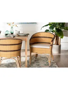 212 MAIN Elma Boho Coastal Rattan Dining Chair - Curved Arms, Round Back, Fully Built, Natural Finish, Dark Brown, Woven Design, Removable Seat Pad