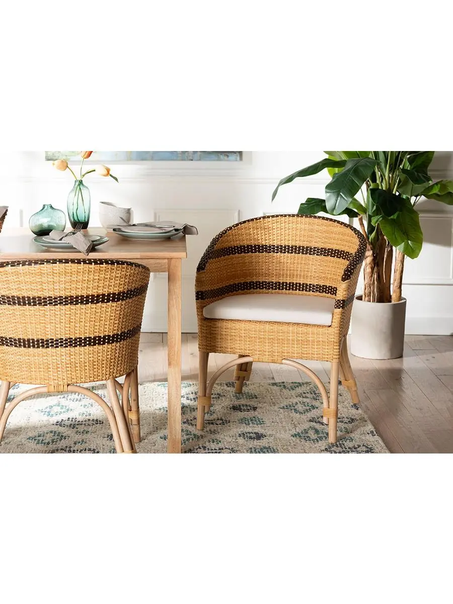 212 MAIN Elma Boho Coastal Rattan Dining Chair - Curved Arms, Round Back, Fully Built, Natural Finish, Dark Brown, Woven Design, Removable Seat Pad