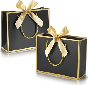 DOYIDE 2 Pack Thank You Gift Bags with Handles, 9x7x3.1in Paper Gift Bags with Bow Ribbon, Black Party Favor Bags for Any Birthday Wedding Baby Shower Bridesmaid Party Medium Gift Wrap Bags