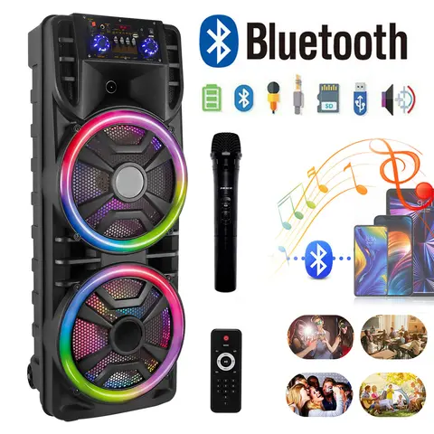 Multifunctional Wireless 12in Dual Karaoke Party Box Speaker System - Cordless Echo/Delay Microphone, Bluetooth, LED Sound-Lit Party Stereo, 3600mAh Rechargeable FM Radio, Remote Control, 3.5mm Jack, Mobile Smartphone Compatible