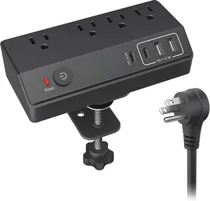 Desk Clamp Power Strip with PD 20W USB C,  Removable Fast  Desktop Edge Power Strip Surge Protector, 10 ft Extension Cord Flat Plug with 4 Outlet 4 USB Ports, Fit 1.8" Tabletop Edge