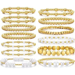 Gold Bracelets for Women Gold Bracelet Stack Pearl Beaded Bracelets for Women Strand Bead Ball Stretchable Elastic Bracelet Set Adjustable Fashion Accessories Jewelry for Gifts