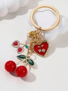 Elegant Women's Cherry & Heart, Cherry with Leaves, Heart Pendant, Imitation Pearl Accents, Trendy Cute Keychain