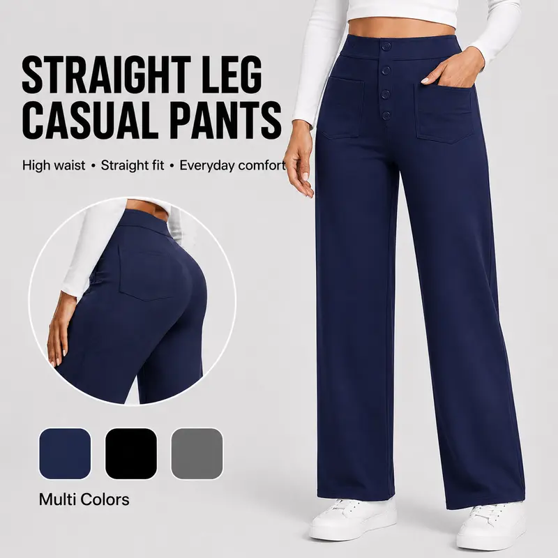 Avamo Women's Fitted Stretch High-Waist H-Type Straight Leg Knitting Bottom Trousers - Tummy Control, Cargo Pockets, Clean Fit, Work-Ready Shape, Basic Look for Office Casual Wear