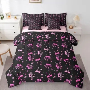 Pink Ribbon Bow Comforter Bed Set with Sheets,Girls Pink and Black Bow Tie Bedding Set,7 Piece Kids Teen,Cute Princess Bowtie Bed Bag,Coquette Bows Sheet