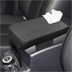 Car Center Console Cover, Leather Memory Foam Car Armrest Storage Box with Pocket & Tissue Box, Comfortable Middle Console Cover, Waterproof Vehicle Organizer for Cars, SUVs, Trucks (Black)