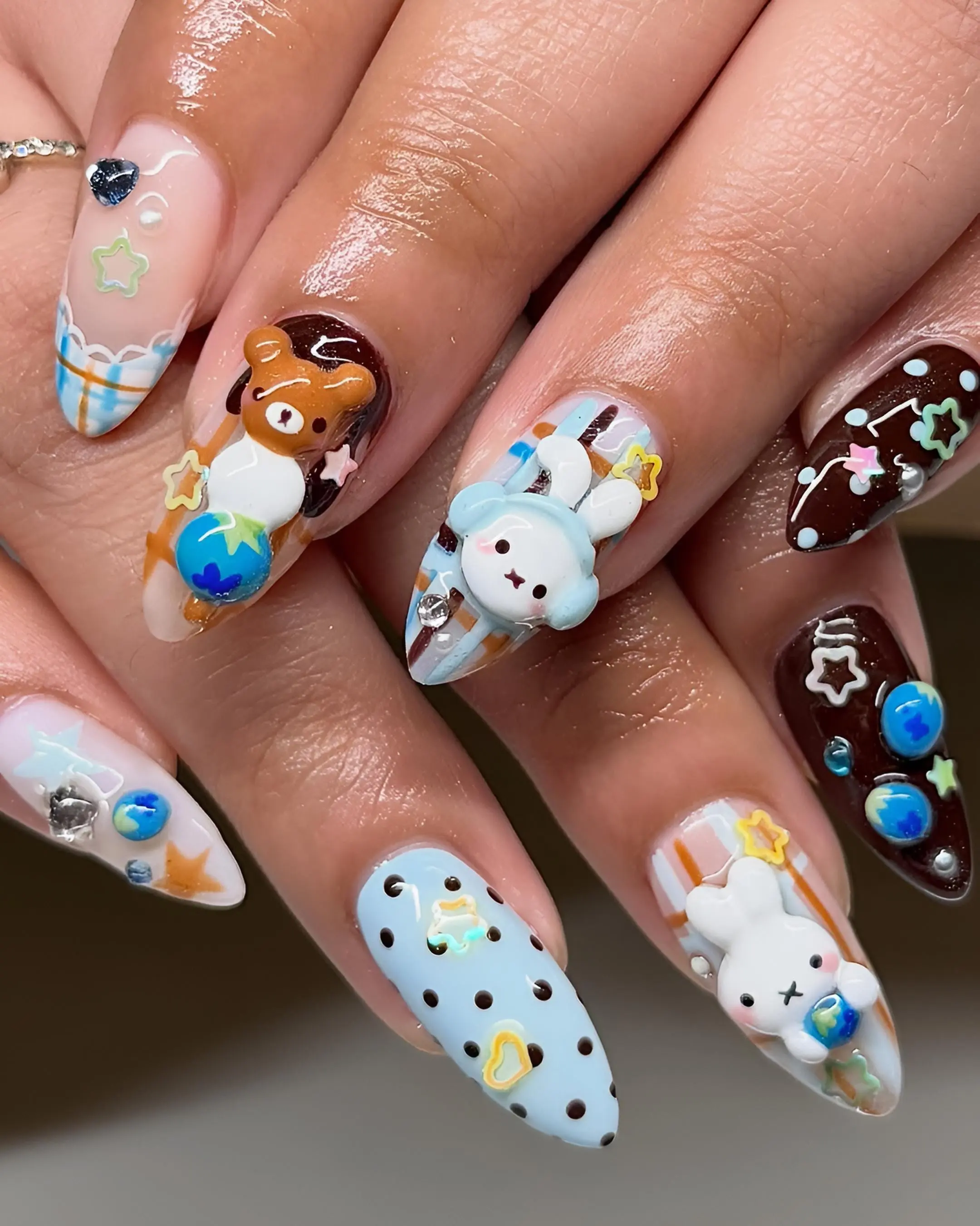 Bunny Bear Press On Nails | 3D Bunny Earth Accents, Blue Plaid Kidcore (Anime Gift)