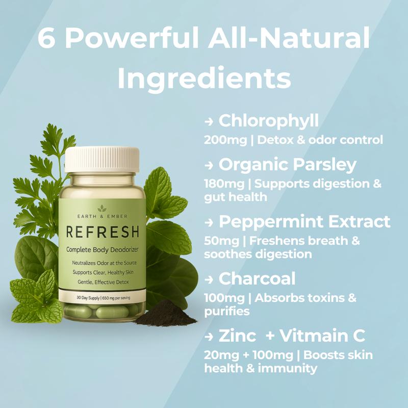 Earth & Ember | REFRESH The Complete Reset |Complete Body Deodorizer & Internal Cleanse Supplement with Chlorophyll Charcoal Parsley Peppermint Zinc & Vitamin C | Vegan Non-GMO Gluten-Free