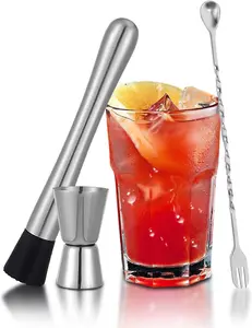 3Pcs Muddler for Cocktails, 10'' Cocktail Muddler for Cocktails with Cocktail Spoon Long Handle and Jigger 0.5/1 OZ, Bar Accessories Tools for Mojitos Fruit Drinks